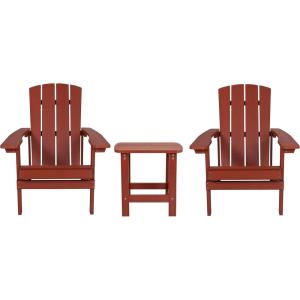 Flash Furniture Charlestown Commercial 2 Chair and Side Table Adirondack Set – Red Poly Resin – Weather Resistant(Red)