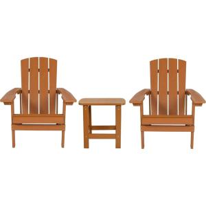 Flash Furniture Charlestown Commercial 2 Chair and Side Table Adirondack Set – Red Poly Resin – Weather Resistant(Teak)
