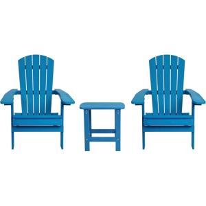 Flash Furniture Charlestown Commercial 2 Folding Chairs and Side Table Adirondack Set – Black Poly Resin – Weather Resistant(Blue)