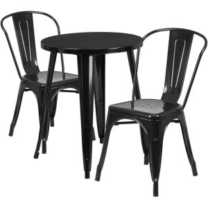Flash Furniture Commercial Grade 24″ Round Blue Metal Indoor-Outdoor Table Set with 2 Cafe Chairs(Black)