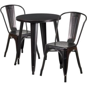 Flash Furniture Commercial Grade 24″ Round Blue Metal Indoor-Outdoor Table Set with 2 Cafe Chairs(Black-antique Gold)