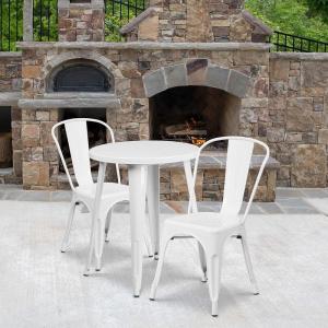 Flash Furniture Commercial Grade 24″ Round Blue Metal Indoor-Outdoor Table Set with 2 Cafe Chairs(White)