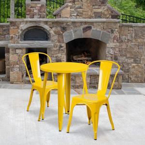 Flash Furniture Commercial Grade 24″ Round Blue Metal Indoor-Outdoor Table Set with 2 Cafe Chairs(Yellow)