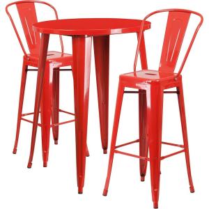 Flash Furniture Commercial Grade 30″ Round Red Metal Indoor-Outdoor Bar Table Set with 2 Cafe Stools(Red)