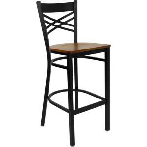 Flash Furniture HERCULES Series Black ”X” Back Metal Restaurant Barstool – Black Vinyl Seat(Cherry Wood Seat/Black Metal Frame)