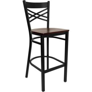 Flash Furniture HERCULES Series Black ”X” Back Metal Restaurant Barstool – Black Vinyl Seat(Mahogany Wood Seat/Black Metal Frame)