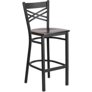 Flash Furniture HERCULES Series Black ”X” Back Metal Restaurant Barstool – Black Vinyl Seat(Walnut Wood Seat/Black Metal Frame)