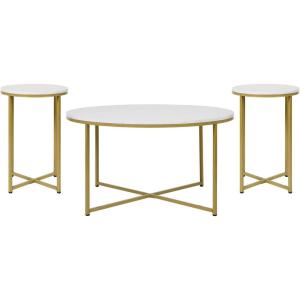 Flash Furniture Hampstead Collection Coffee and End Table Set – White Marbled Laminate Top & Matte Gold Crisscross Frame – 3 Piece Occasional Table Set