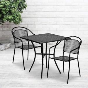 Flash Furniture Oia Commercial Grade 28″ Square Black Indoor-Outdoor Steel Patio Table Set with 2 Round Back Chairs(Black)