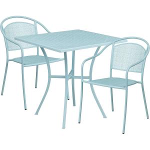 Flash Furniture Oia Commercial Grade 28″ Square Black Indoor-Outdoor Steel Patio Table Set with 2 Round Back Chairs(Sky Blue)