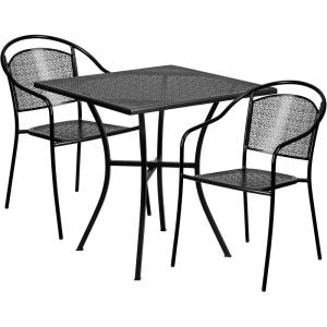 Flash Furniture Oia Commercial Grade 28″ Square Black Indoor-Outdoor Steel Patio Table Set with 2 Round Back Chairs(White)