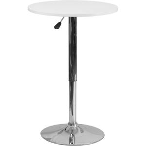 Flash Furniture Pearl 23.75” Round Wood Dining Table with Chrome Base, Narrow Round Wood Cocktail Table, Adjusts 26.25” – 35.75″H, White/Silver
