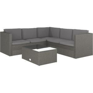 Flash Furniture Roan Patio Seating Set, Wicker PE Rattan Frame, L-Shaped Sectional with Side Lift Coffee Table Storage, Back and Seat Cushions, Brown/Navy(Gray Cushions/Gray Frame)
