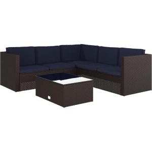 Flash Furniture Roan Patio Seating Set, Wicker PE Rattan Frame, L-Shaped Sectional with Side Lift Coffee Table Storage, Back and Seat Cushions, Brown/Navy(Navy Cushions/Brown Frame)