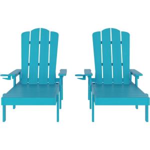 Flash Furniture Sonora Adjustable Adirondack Lounger with Cup Holder, Commercial Grade All-Weather-Weather Indoor/Outdoor Recycled HDPE Lounge Chair, Blue(Blue)