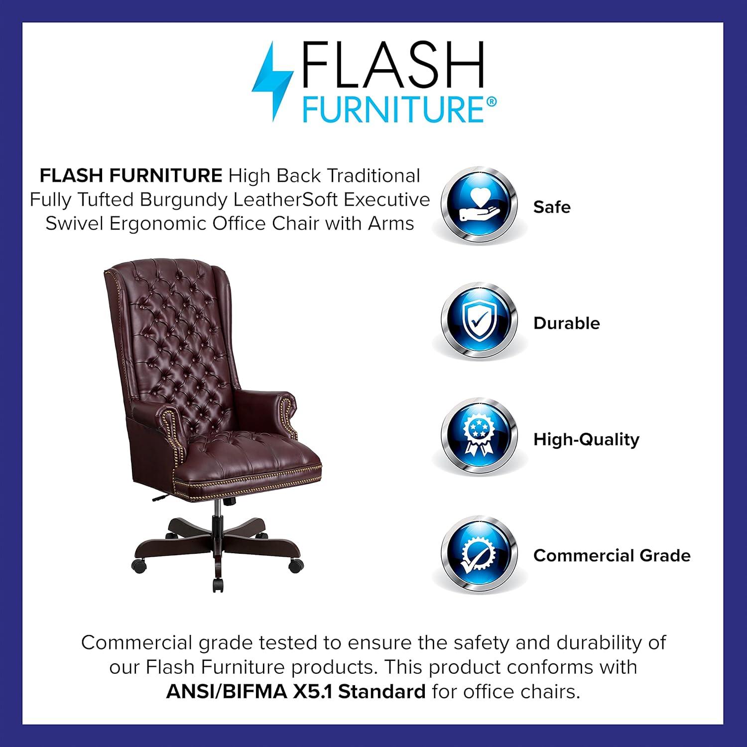 image:imageFlash Furniture High Back Traditional Fully Tufted Black LeatherSoft Executive Swivel Ergonomic Office Chair with ArmsBurgundy