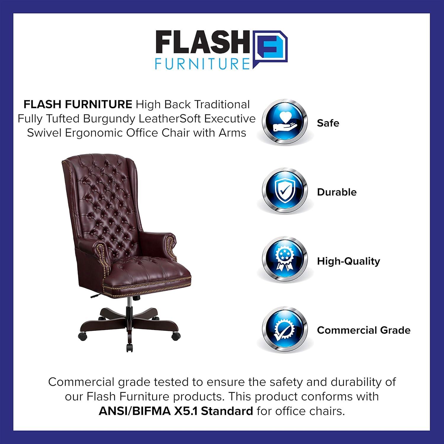image:imageFlash Furniture High Back Traditional Fully Tufted Black LeatherSoft Executive Swivel Ergonomic Office Chair with ArmsBurgundy