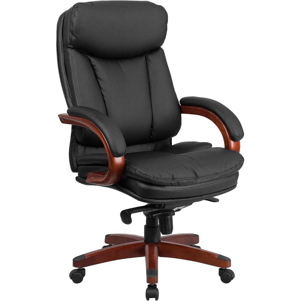 image:imageFlash Furniture Hansel High Back Black LeatherSoft Executive Ergonomic Office Chair with SynchroTilt Mechanism Mahogany Wood Base and Arms
