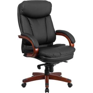 Flash Furniture Hansel High Back Black LeatherSoft Executive Ergonomic Office Chair with Synchro-Tilt Mechanism, Mahogany Wood Base and Arms