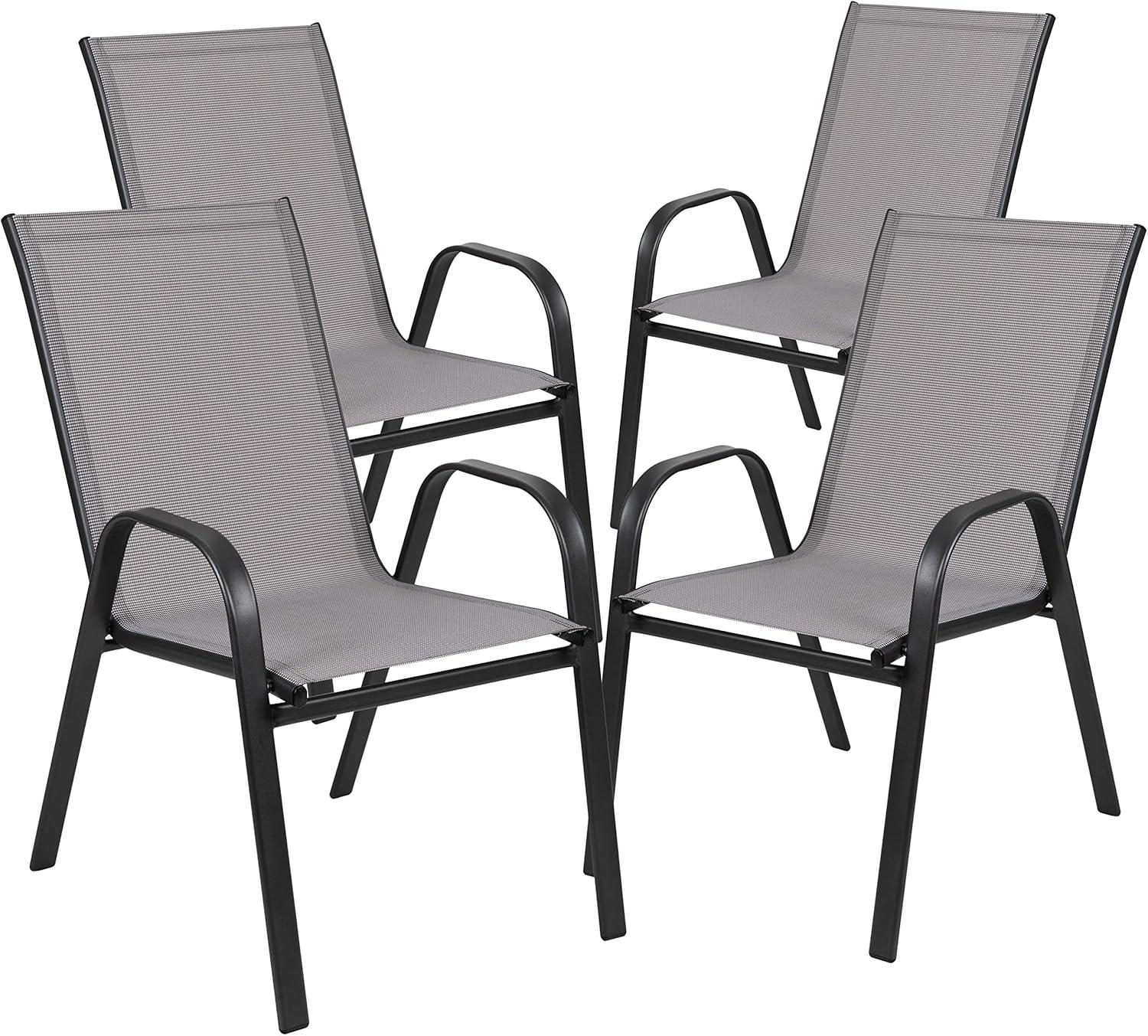 image:imageFlash Furniture Brazos 5 Piece Outdoor Patio Dining Set 4 Gray Flex Comfort Stack Chairs 55 Tempered Glass Patio Table with Umbrella Hole