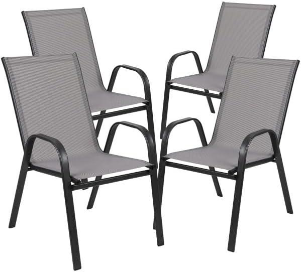 image:imageFlash Furniture Brazos 5 Piece Outdoor Patio Dining Set 4 Gray Flex Comfort Stack Chairs 55 Tempered Glass Patio Table with Umbrella Hole