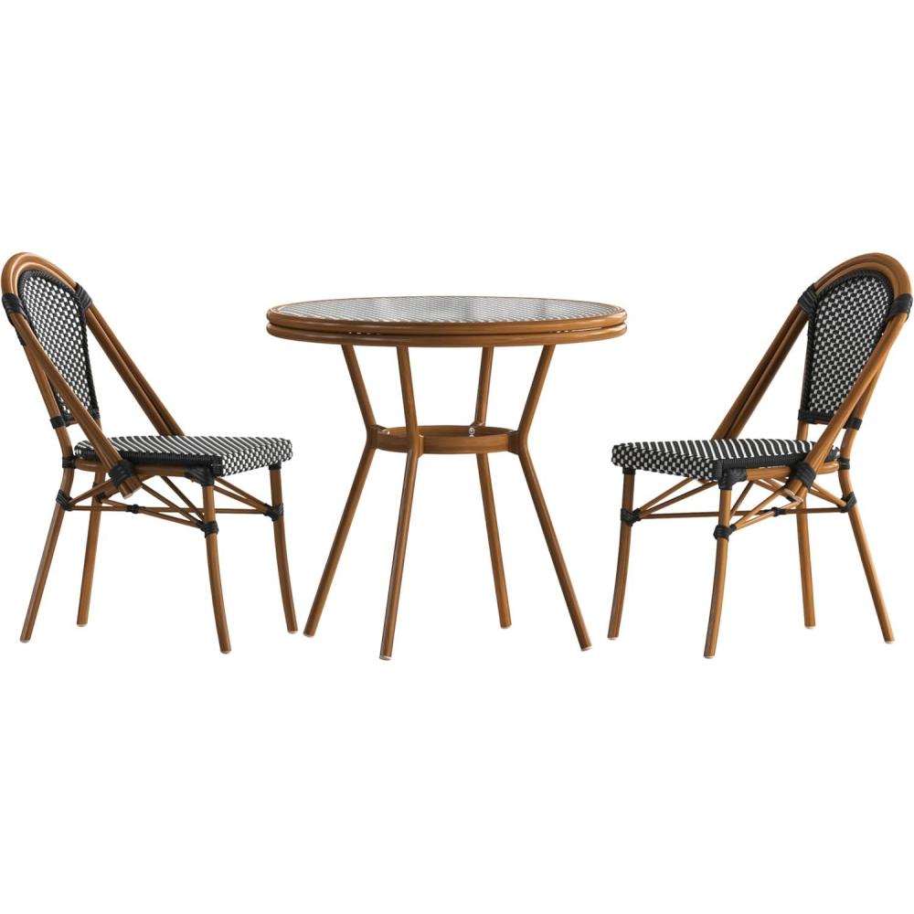 image:imageFlash Furniture Bordeaux IndoorOutdoor Commercial Bistro Set Tempered Glass Top Table 2 Chairs PE Rattan NAT Bamboo Print Aluminum Frame BlackWhiteBlack White RattanNatural Frame
