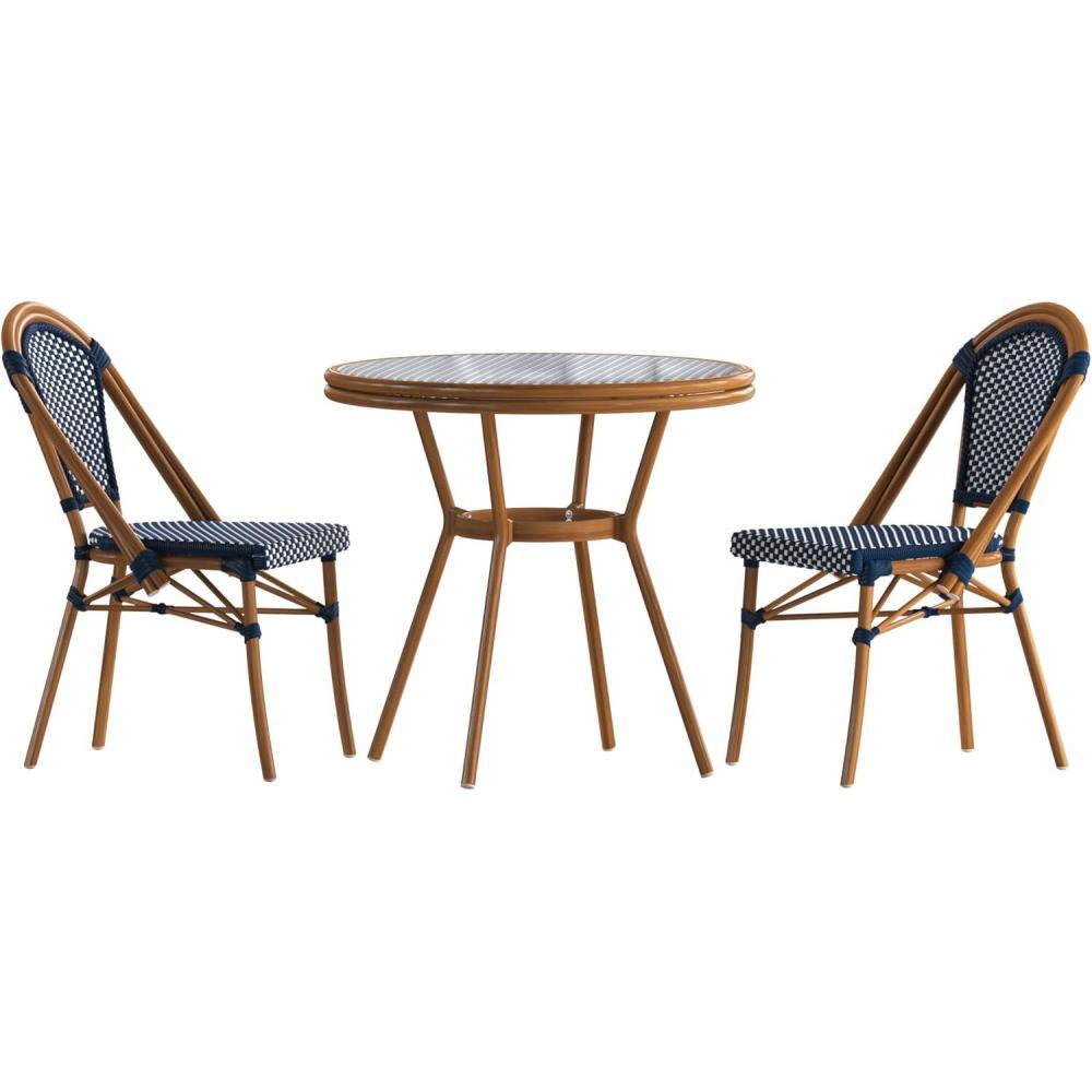 image:imageFlash Furniture Bordeaux IndoorOutdoor Commercial Bistro Set Tempered Glass Top Table 2 Chairs PE Rattan NAT Bamboo Print Aluminum Frame BlackWhiteNavy White RattanNatural Frame