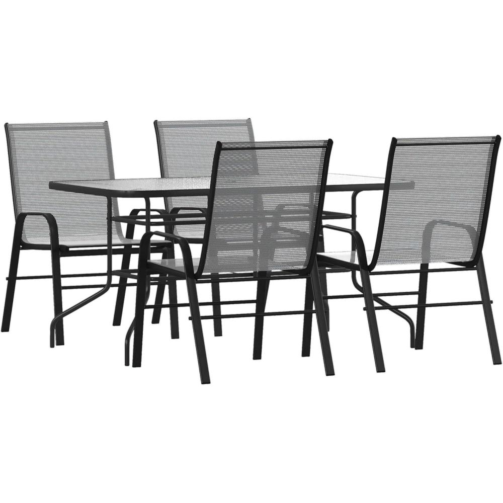 image:imageFlash Furniture Brazos 5 Piece Outdoor Patio Dining Set 4 Gray Flex Comfort Stack Chairs 55 Tempered Glass Patio Table with Umbrella Hole