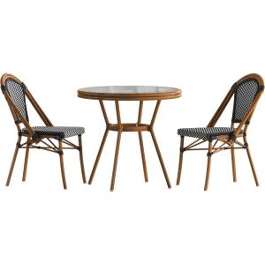 Flash Furniture Bordeaux Indoor/Outdoor Commercial Bistro Set – Tempered Glass Top Table – 2 Chairs – PE Rattan – NAT Bamboo Print Aluminum Frame – Black/White(Black & White Rattan/Natural Frame)