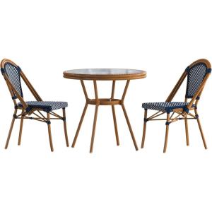 Flash Furniture Bordeaux Indoor/Outdoor Commercial Bistro Set – Tempered Glass Top Table – 2 Chairs – PE Rattan – NAT Bamboo Print Aluminum Frame – Black/White(Navy & White Rattan/Natural Frame)