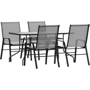 Flash Furniture Brazos 5 Piece Outdoor Patio Dining Set – 4 Gray Flex Comfort Stack Chairs – 55″ Tempered Glass Patio Table with Umbrella Hole