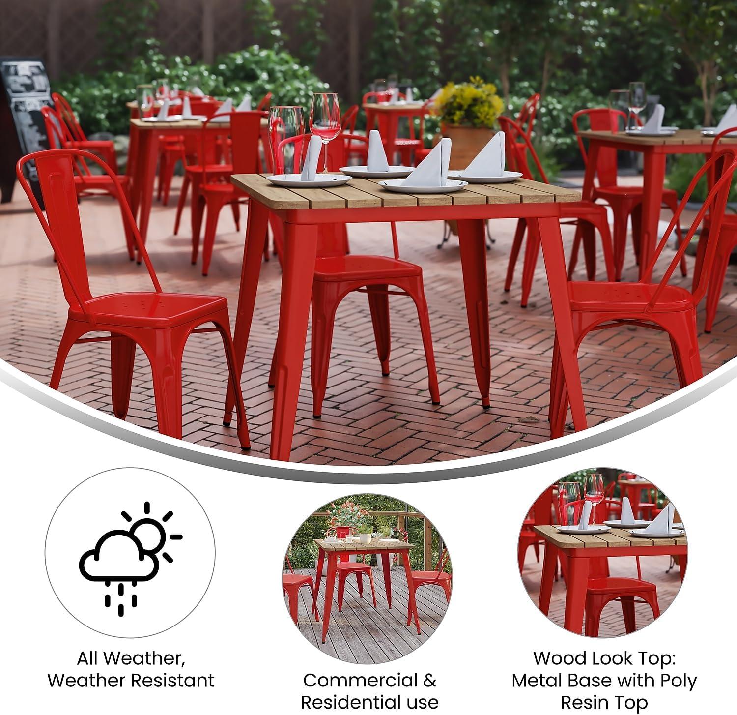 image:imageFlash Furniture Declan Commercial Outdoor Dining Table All Weather Poly Resin Top with Steel Base 315 Square BlackBlackBrown TopRed Frame