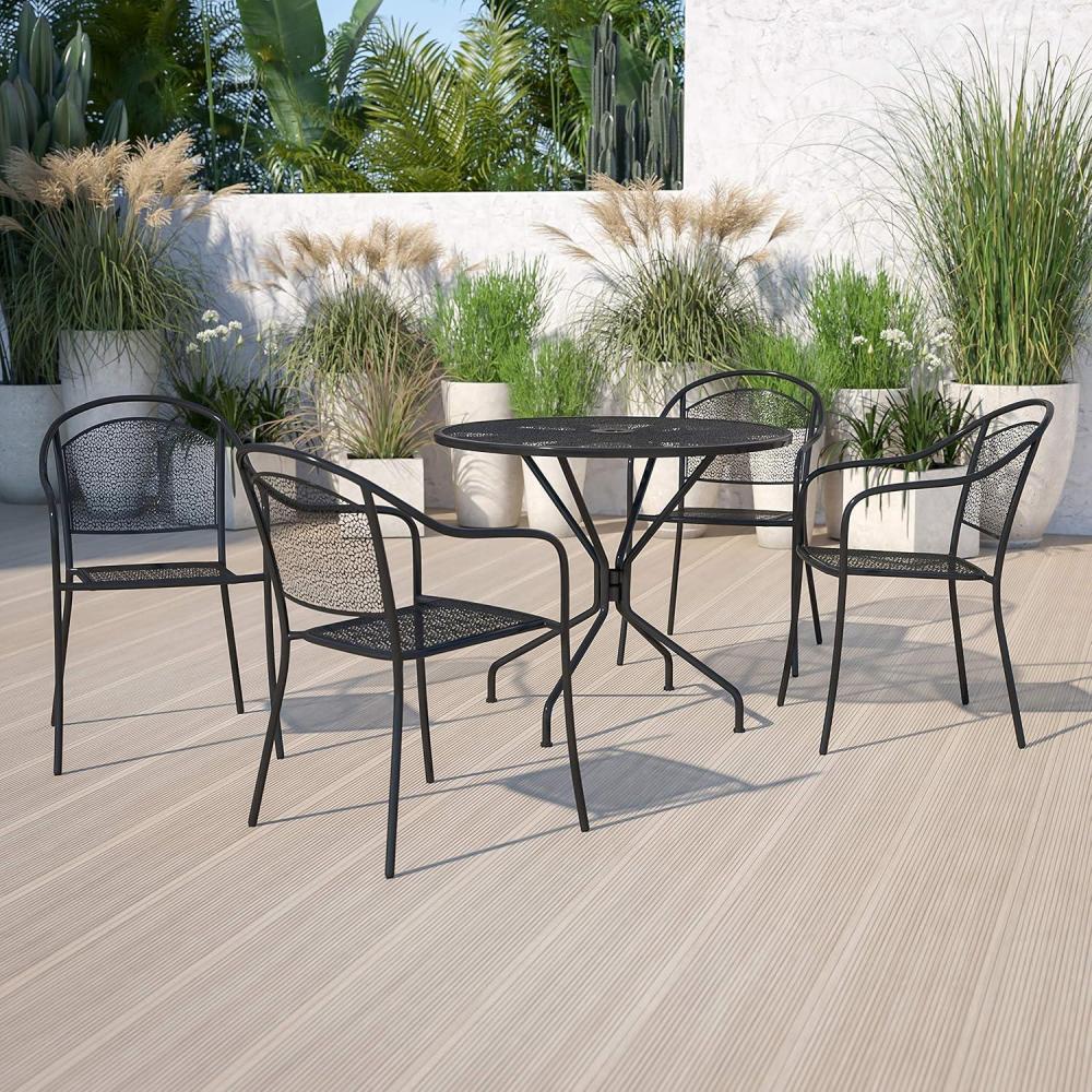 image:imageFlash Furniture Oia Commercial Grade 3525 Round Black IndoorOutdoor Steel Patio Table Set with 4 Round Back ChairsBlack