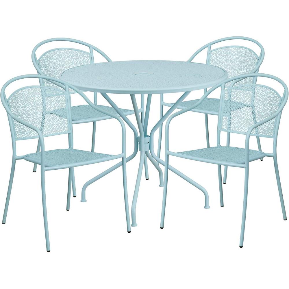 image:imageFlash Furniture Oia Commercial Grade 3525 Round Black IndoorOutdoor Steel Patio Table Set with 4 Round Back ChairsSky Blue