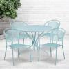Flash Furniture Oia Commercial Grade 35.25″ Round Black Indoor-Outdoor Steel Patio Table Set with 4 Round Back Chairs(Sky Blue)