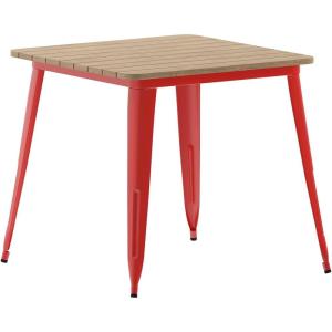 Flash Furniture Declan Commercial Outdoor Dining Table, All Weather Poly Resin Top with Steel Base, 31.5″ Square, Black/Black(Brown Top/Red Frame)