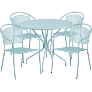 Flash Furniture Oia Commercial Grade 35.25″ Round Black Indoor-Outdoor Steel Patio Table Set with 4 Round Back Chairs(Sky Blue)