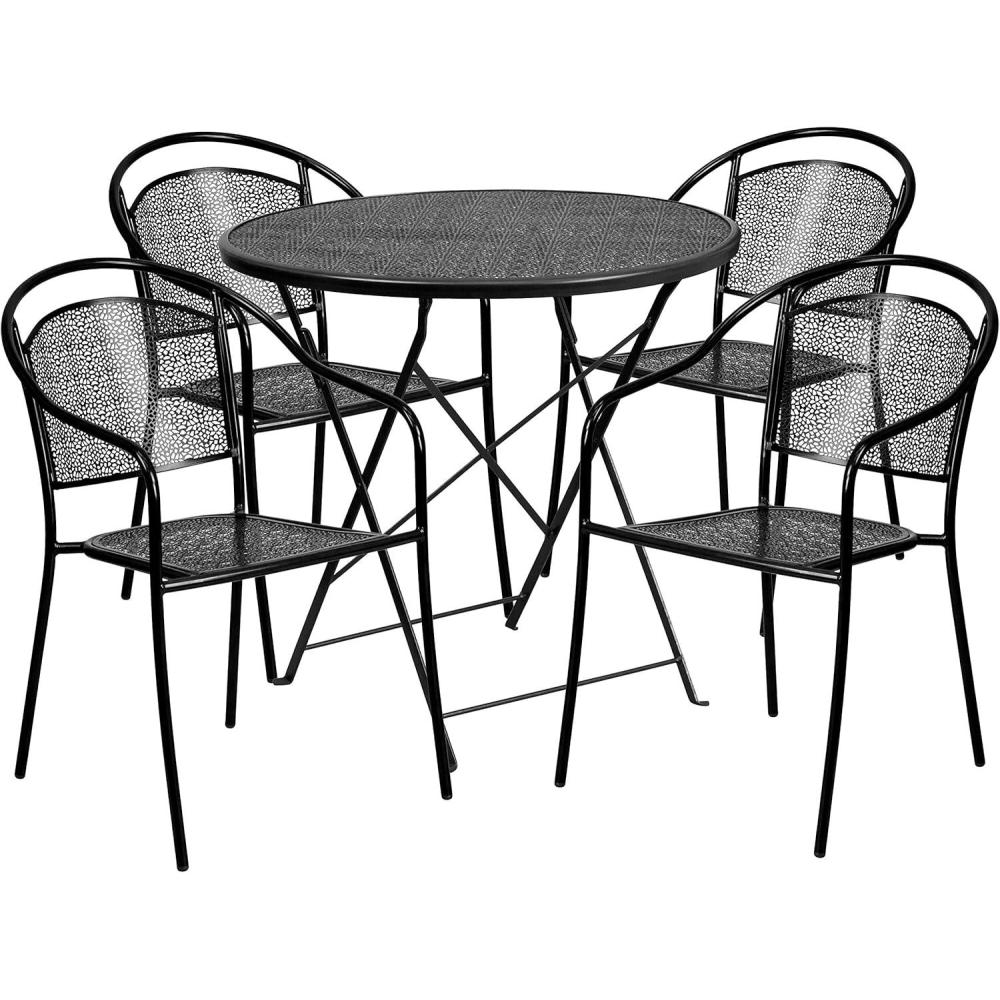image:imageFlash Furniture Commercial Grade 30 Round Black IndoorOutdoor Steel Folding Patio Table Set with 4 Round Back ChairsBlack