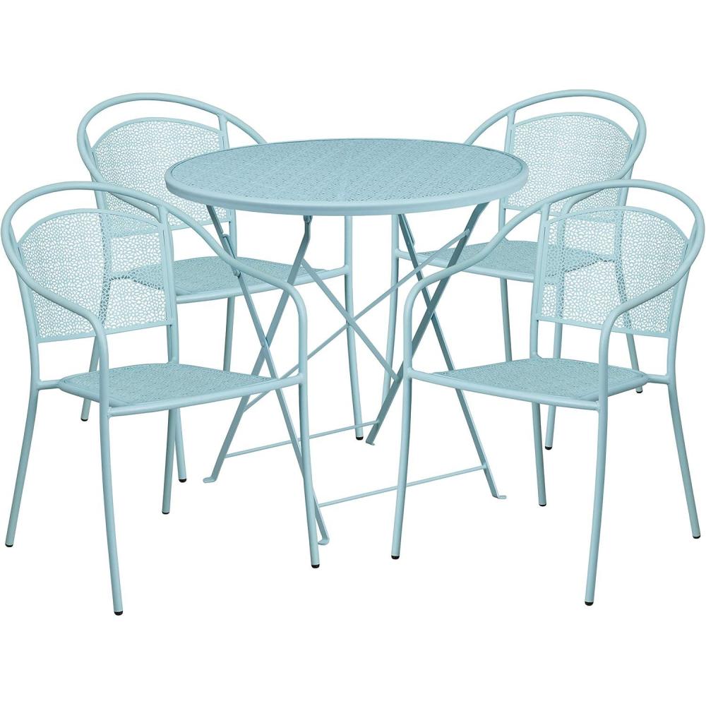 image:imageFlash Furniture Commercial Grade 30 Round Black IndoorOutdoor Steel Folding Patio Table Set with 4 Round Back ChairsSky Blue