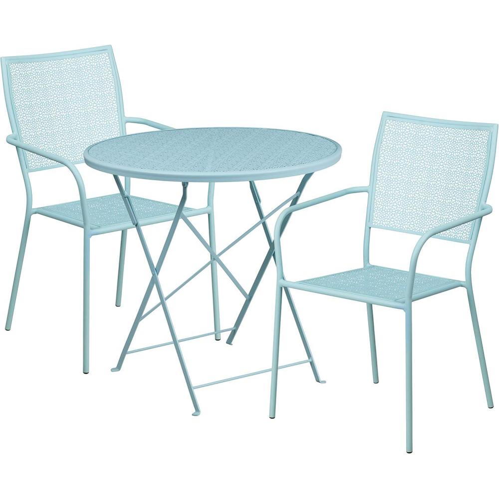 image:imageFlash Furniture Commercial Grade 30 Round Sky Blue IndoorOutdoor Steel Folding Patio Table Set with 2 Square Back ChairsSky Blue