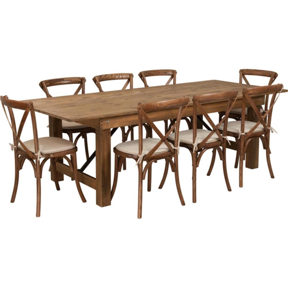 image:imageFlash Furniture HERCULES Series 8 x 40 Antique Rustic Folding Farm Table Set with 8 Cross Back Chairs and Cushions