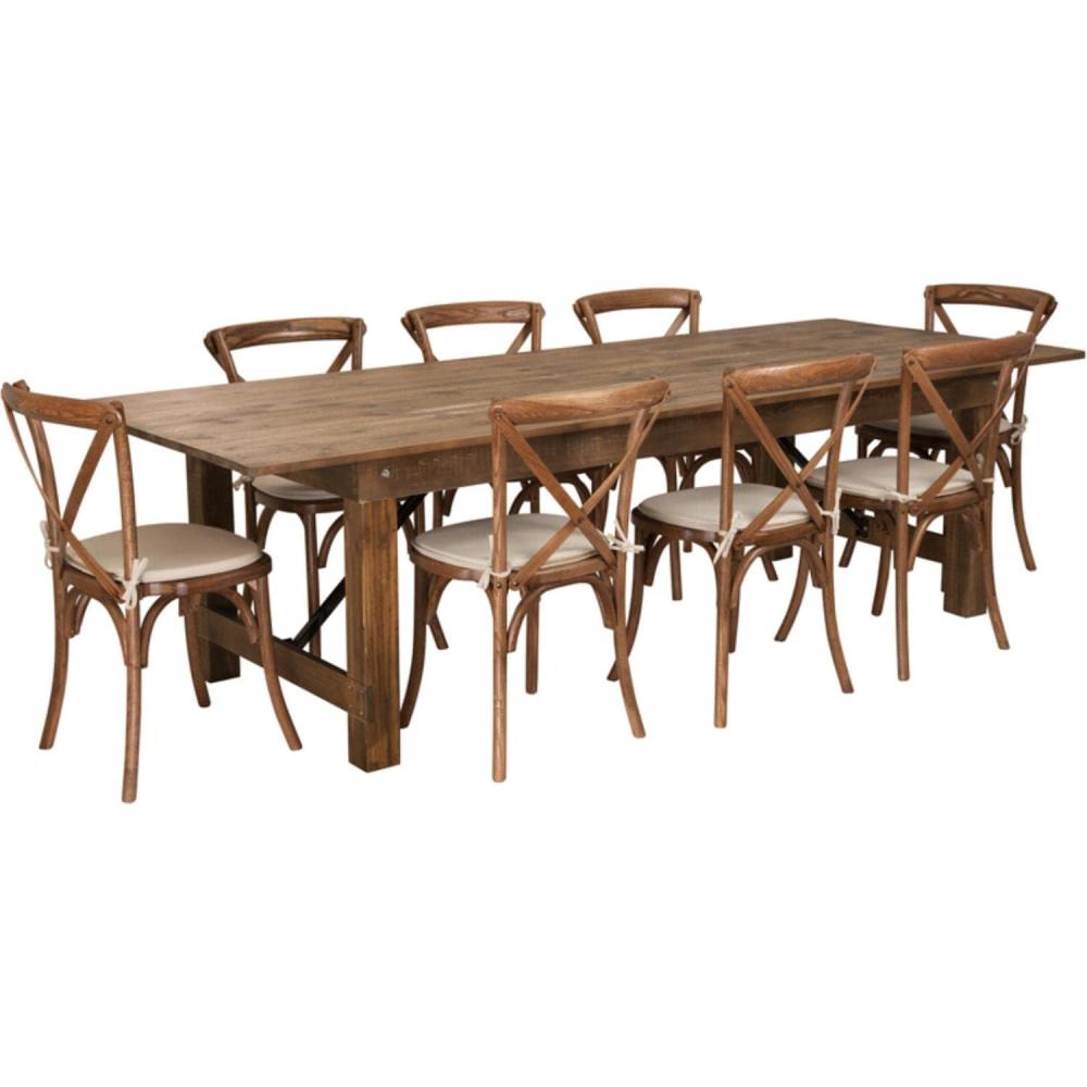 image:imageFlash Furniture HERCULES Series 9 x 40 Antique Rustic Folding Farm Table Set with 8 Cross Back Chairs and Cushions