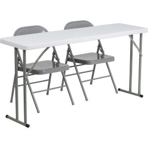 Flash Furniture 5-Foot Plastic Folding Training Table Set with 2 Gray Metal Folding Chairs
