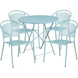 Flash Furniture Commercial Grade 30″ Round Black Indoor-Outdoor Steel Folding Patio Table Set with 4 Round Back Chairs(Sky Blue)