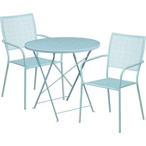 Flash Furniture Commercial Grade 30″ Round Sky Blue Indoor-Outdoor Steel Folding Patio Table Set with 2 Square Back Chairs(Sky Blue)