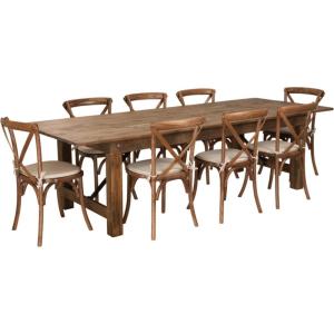Flash Furniture HERCULES Series 9′ x 40” Antique Rustic Folding Farm Table Set with 8 Cross Back Chairs and Cushions