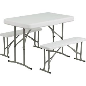 Flash Furniture Rowan 3 Piece Portable Plastic Folding Bench and Table Set,Granite White