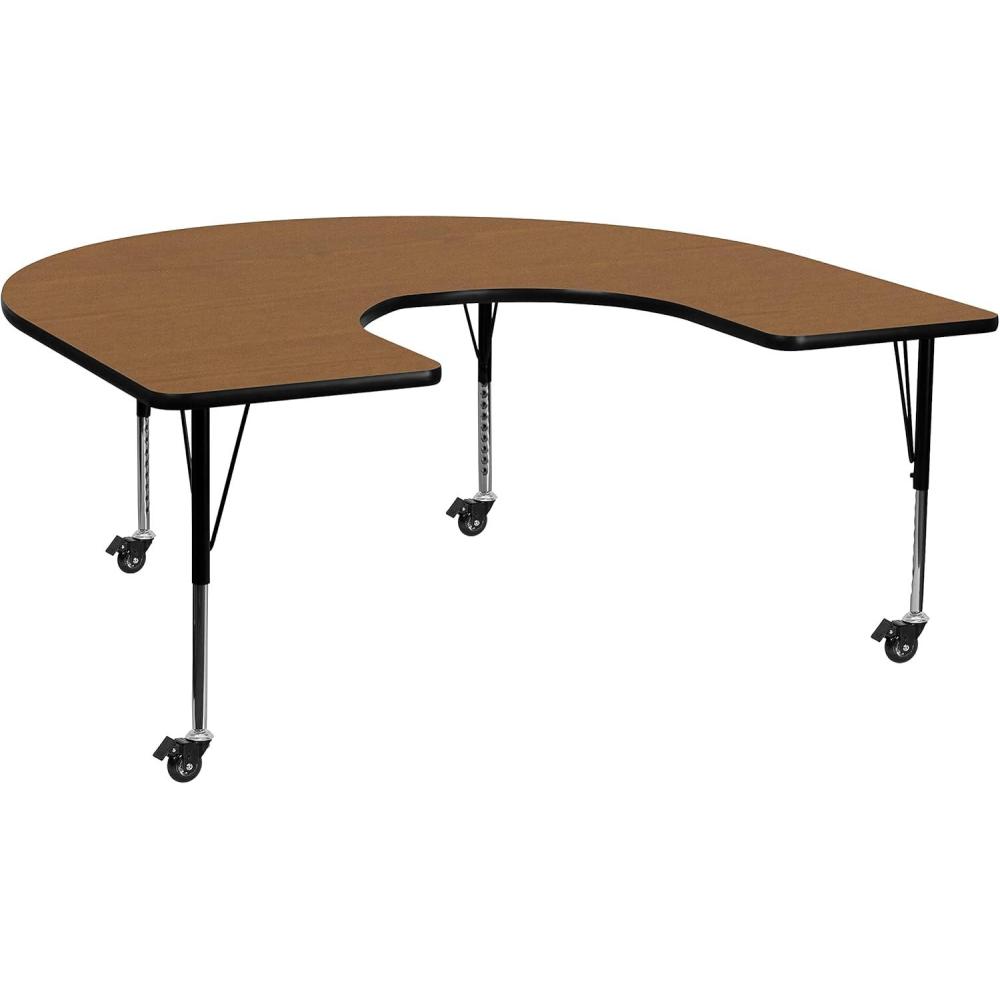image:imageFlash Furniture Wren Mobile 60W x 66L Horseshoe Red Thermal Laminate Activity Table  Height Adjustable Short LegsOak