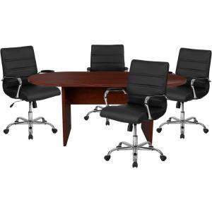 Flash Furniture 5 Piece Rustic Gray Oval Conference Table Set with 4 Black and Chrome LeatherSoft Executive Chairs(Mahogany)