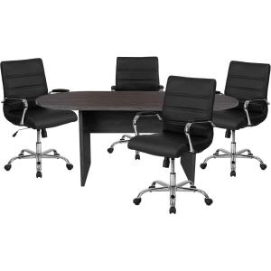 Flash Furniture 5 Piece Rustic Gray Oval Conference Table Set with 4 Black and Chrome LeatherSoft Executive Chairs(Rustic Gray)